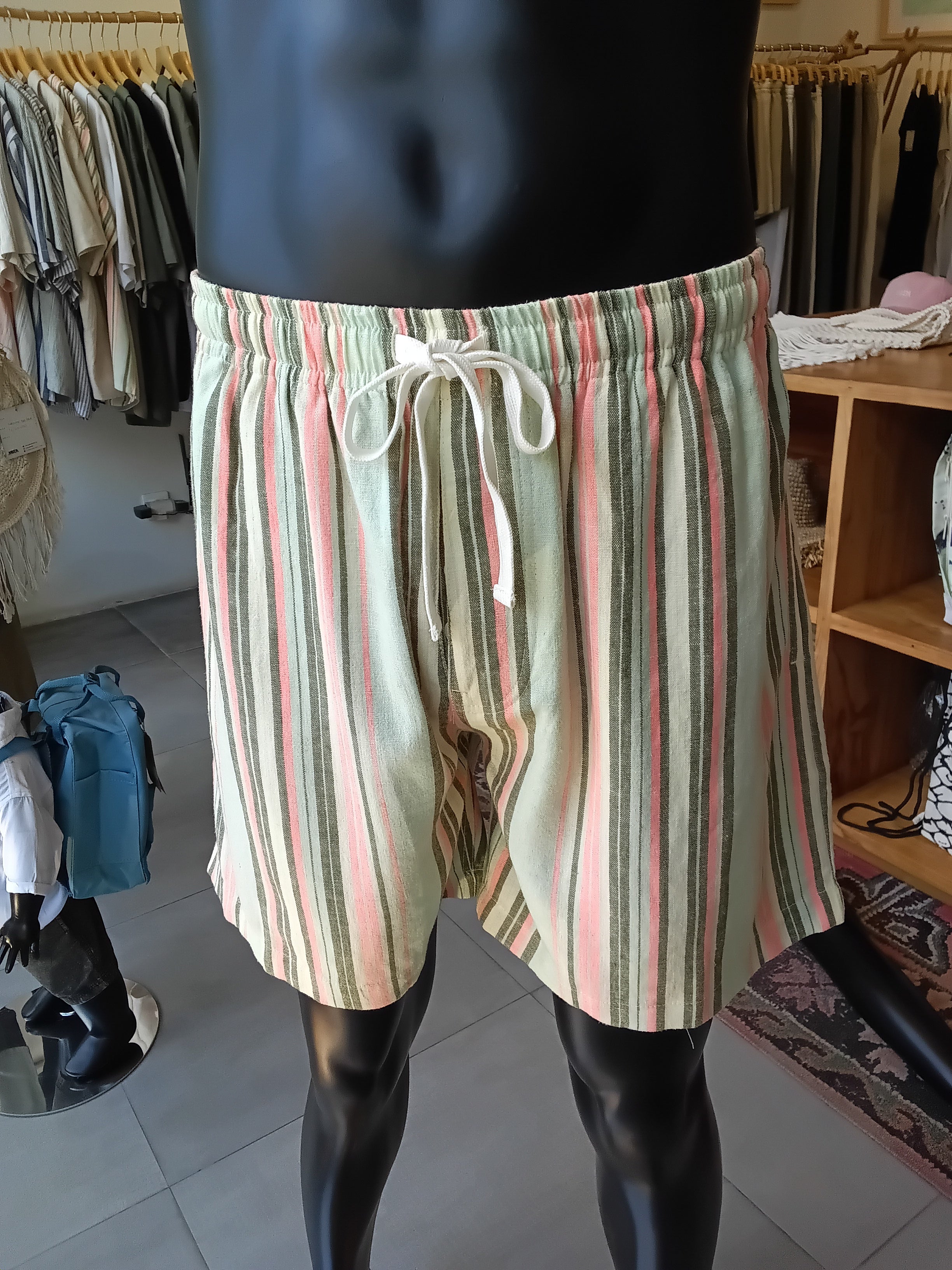 LINEN SHORTS | orange light blue stripe