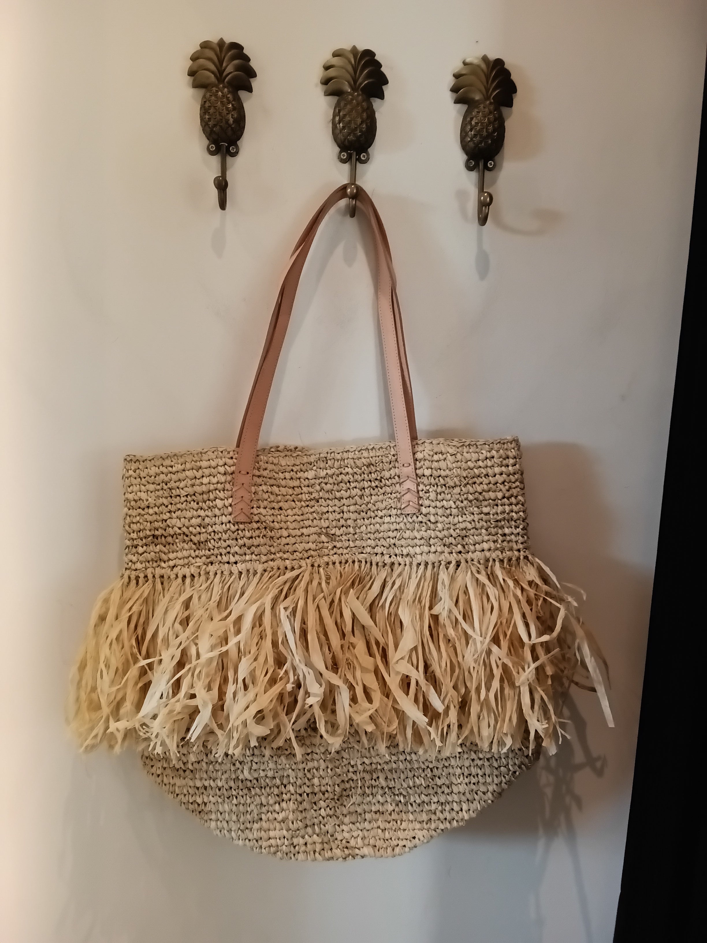 RAFIA BAG EMBER + FRINGE HANDLE LEATHER
