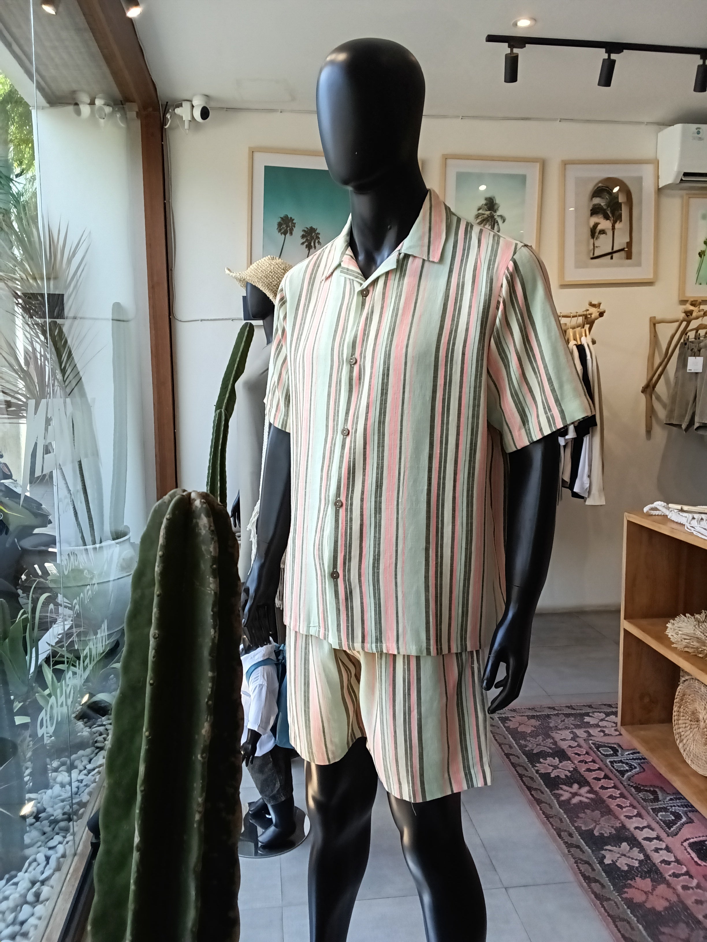 LINEN SHORTS | orange light blue stripe